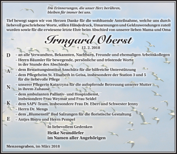 Traueranzeige von Irmgard Oberst von Südthüringer Presse