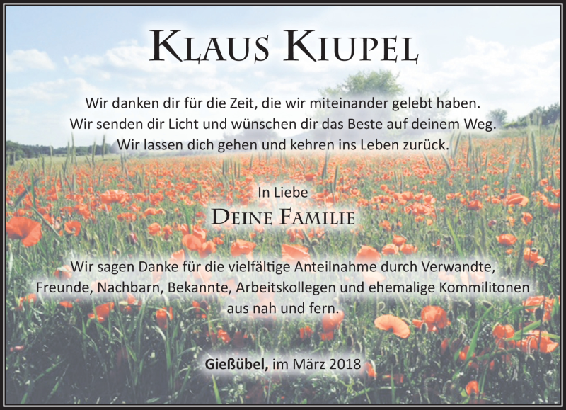  Traueranzeige für Klaus Kiupel vom 24.03.2018 aus Südthüringer Presse