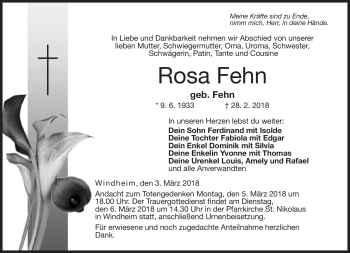 Traueranzeige von Rosa Fehn von Neue Presse Coburg