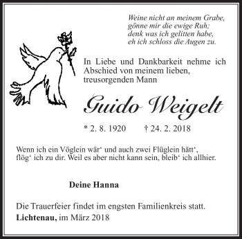 Traueranzeige von Guido Weigelt von Südthüringer Presse