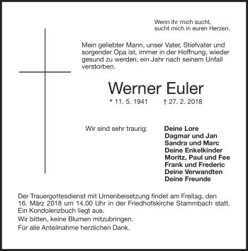 Traueranzeige von Werner Euler von Frankenpost