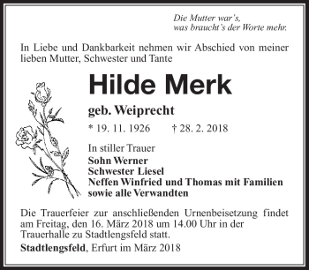 Traueranzeige von Hilde Merk von Südthüringer Presse