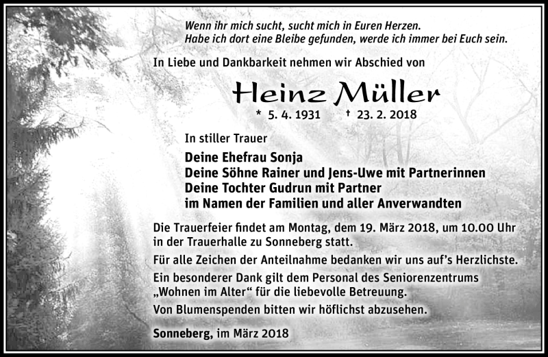  Traueranzeige für Heinz Müller vom 10.03.2018 aus Südthüringer Presse