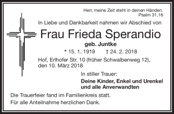 Traueranzeige von Frieda Sperandio von Frankenpost