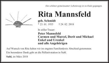 Traueranzeige von Rita Mannsfeld von Südthüringer Presse