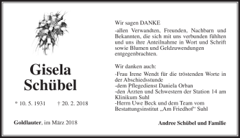 Traueranzeige von Gisela Schübel von Südthüringer Presse