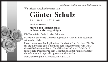 Traueranzeige von Günter Schulz von Südthüringer Presse