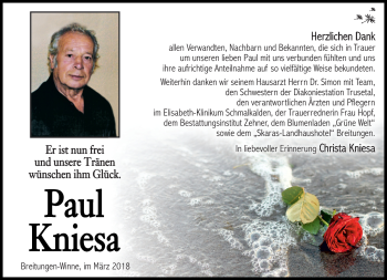 Traueranzeige von Paul Kniesa von Südthüringer Presse