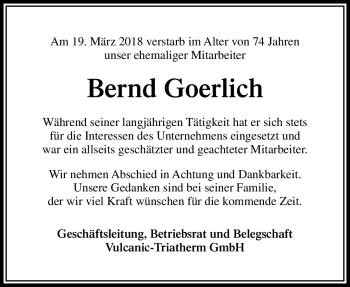 Traueranzeige von Bernd Goerlich von Südthüringer Presse