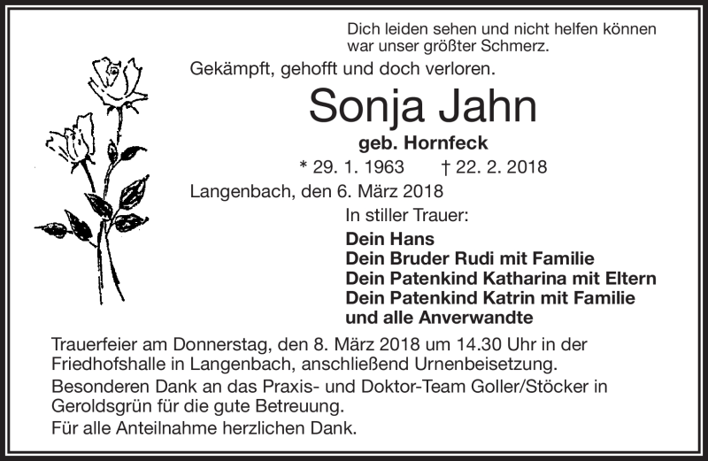  Traueranzeige für Sonja Jahn vom 06.03.2018 aus Frankenpost