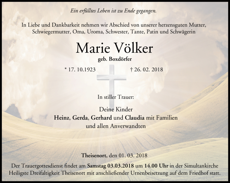  Traueranzeige für Marie Völker vom 01.03.2018 aus Neue Presse Coburg
