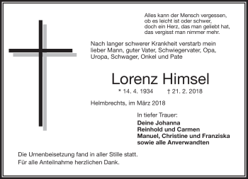 Traueranzeige von Lorenz Himsel von Frankenpost
