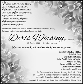 Traueranzeige von Doris Wirsing von Südthüringer Presse