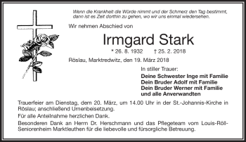 Traueranzeige von Irmgard Stark von Frankenpost