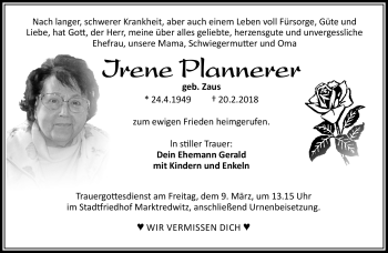 Traueranzeige von Irene Plannerer von Frankenpost