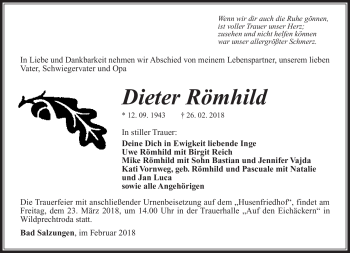 Traueranzeige von Dieter Römhild von Südthüringer Presse