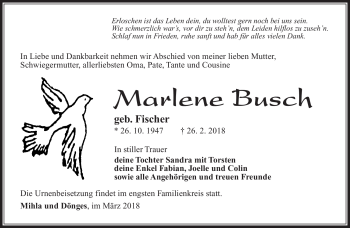 Traueranzeige von Marlene Busch von Südthüringer Presse