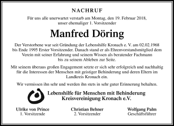 Traueranzeige von Manfred Döring von Neue Presse Coburg
