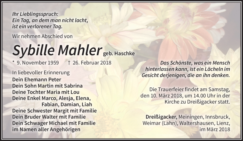 Traueranzeige für Sybille Mahler vom 06.03.2018 aus Südthüringer Presse