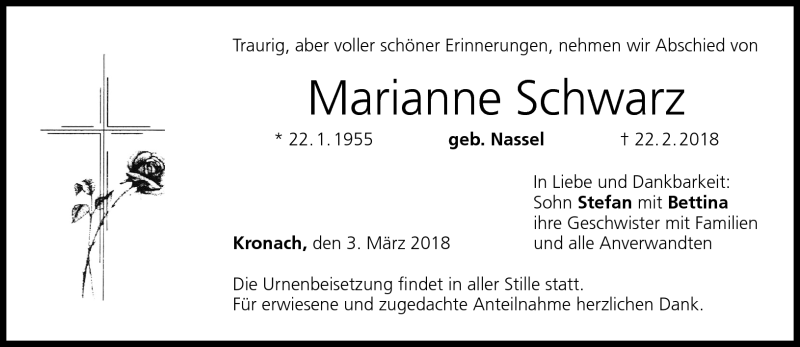  Traueranzeige für Marianne Schwarz vom 03.03.2018 aus Neue Presse Coburg
