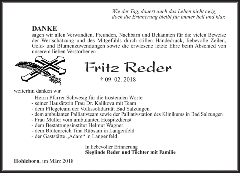  Traueranzeige für Fritz Reder vom 06.03.2018 aus Südthüringer Presse