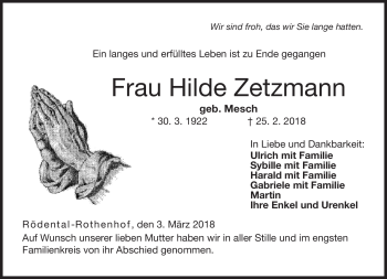 Traueranzeige von Hilde Zetzmann von Neue Presse Coburg