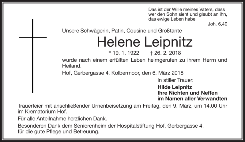  Traueranzeige für Helene Leipnitz vom 06.03.2018 aus Frankenpost
