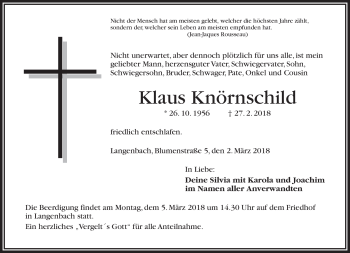 Traueranzeige von Klaus Knörnschild von Frankenpost