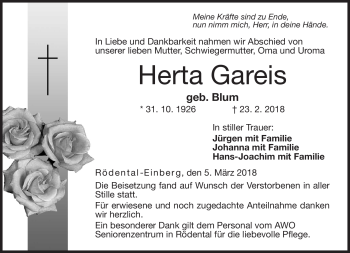 Traueranzeige von Herta Gareis von Neue Presse Coburg
