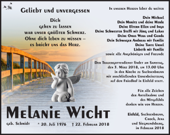 Traueranzeige von Melanie Wicht von Südthüringer Presse