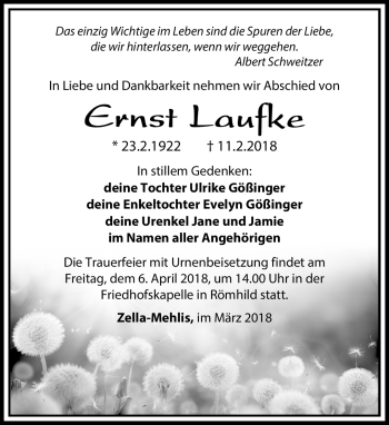 Traueranzeige von Ernst Laufke von Südthüringer Presse