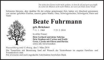 Traueranzeige von Beate Fuhrmann von Neue Presse Coburg