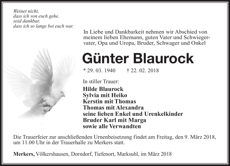  Traueranzeige für Günter Blaurock vom 06.03.2018 aus Südthüringer Presse