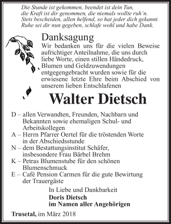 Traueranzeige von Walter Dietsch von Südthüringer Presse