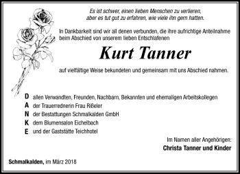 Traueranzeige von Kurt Tanner von Südthüringer Presse