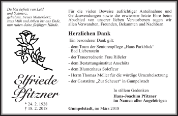 Traueranzeige von Elfriede Pfitzner von Südthüringer Presse
