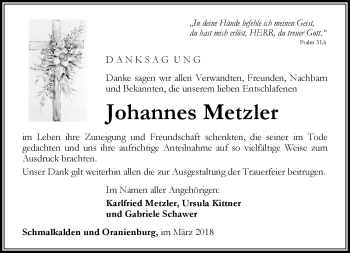 Traueranzeige von Johannes Metzler von Südthüringer Presse