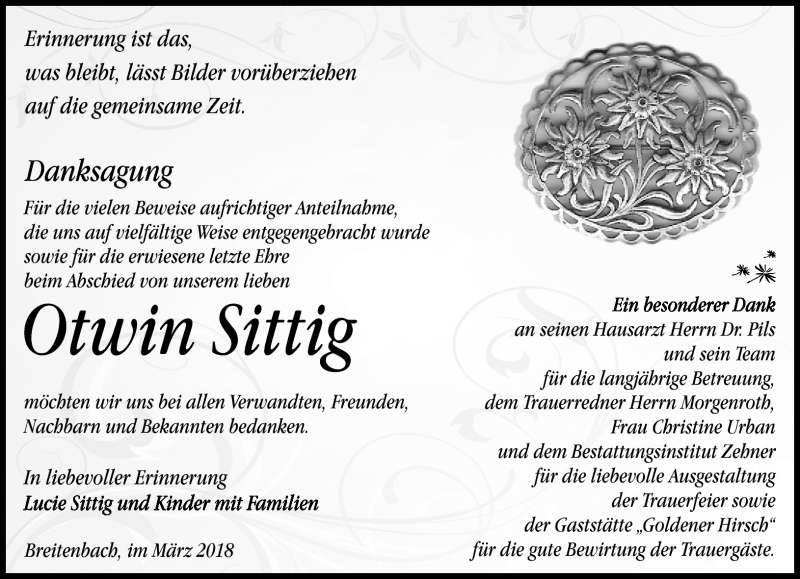  Traueranzeige für Otwin Sittig vom 24.03.2018 aus Südthüringer Presse