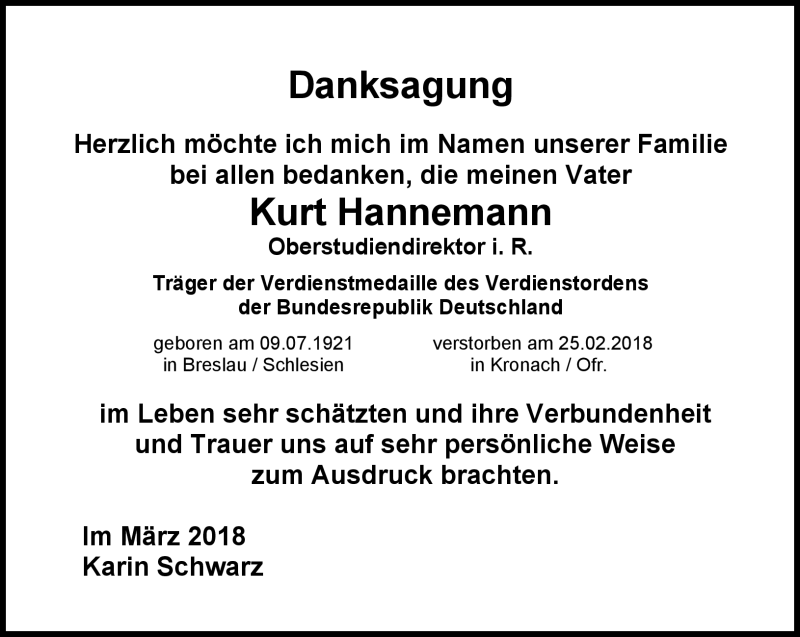  Traueranzeige für Kurt Hanneman vom 07.03.2018 aus Neue Presse Coburg