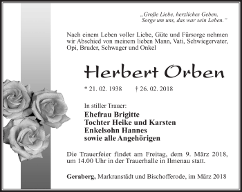 Traueranzeige von Herbert Orben von Südthüringer Presse