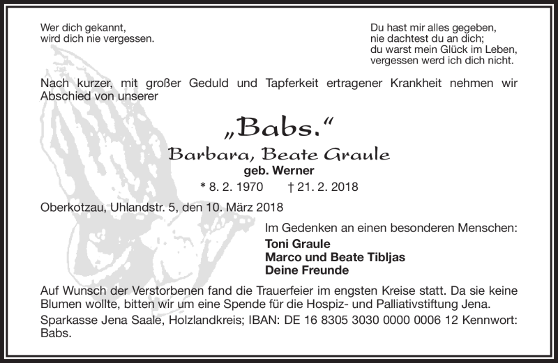  Traueranzeige für Barbara Graule vom 10.03.2018 aus Frankenpost