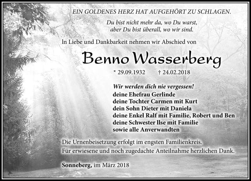  Traueranzeige für Benno Wasserberg vom 03.03.2018 aus Südthüringer Presse
