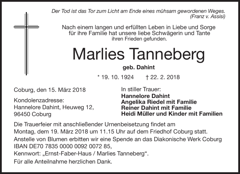  Traueranzeige für Marlies Tanneberg vom 15.03.2018 aus Neue Presse Coburg