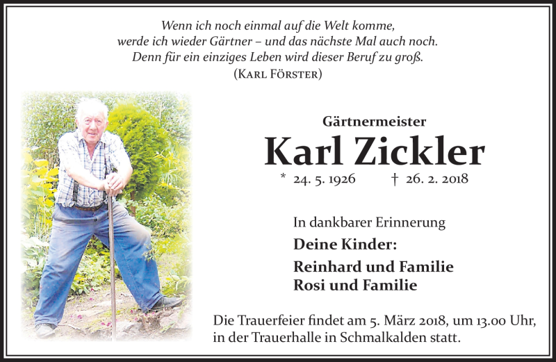  Traueranzeige für Karl Zickler vom 02.03.2018 aus Südthüringer Presse