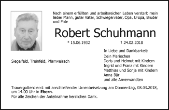 Traueranzeige von Robert Schuhmann von Neue Presse Coburg