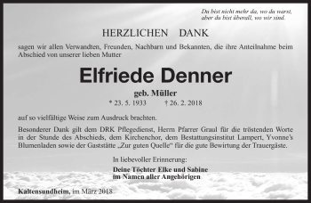 Traueranzeige von Elfriede Denner von Südthüringer Presse