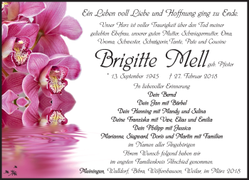 Traueranzeige von Brigitte Mell von Südthüringer Presse