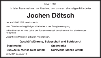 Traueranzeige von Jochen Dötsch von Südthüringer Presse