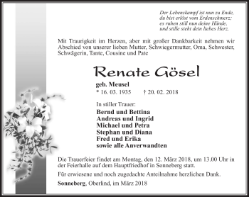 Traueranzeige von Renate Gössel von Südthüringer Presse