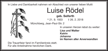 Traueranzeige von Luise Rödel von Frankenpost